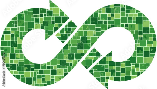 Infinite loop symbol composed of green squares, symbolizing continuity, sustainability, and repetition in a modern, digital aesthetic
