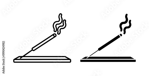 Burning incense stick icon set with smoke and holder