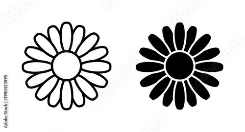 Daisy flower outline and solid black silhouette icon set