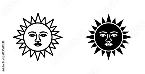 Celestial Sun Face Icons in Linear and Solid Style