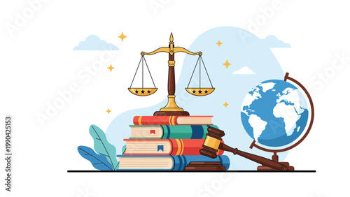 Law and justice concept with scales of justice atop stacked legal books, wooden judge gavel, and terrestrial world globe.