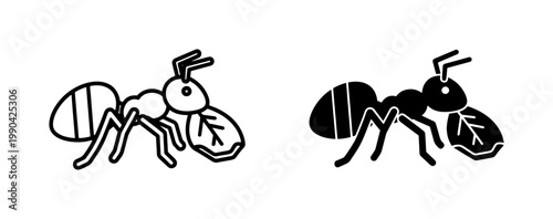 Ant carrying leaf icon set in outline and solid style