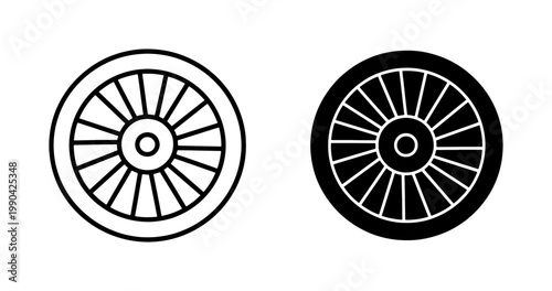 Vintage Wagon Wheel Outline and Solid Black Icon Set