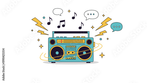 Retro blue boombox cassette player illustration with music notes, lightning bolts, and speech bubbles for vintage vibes.