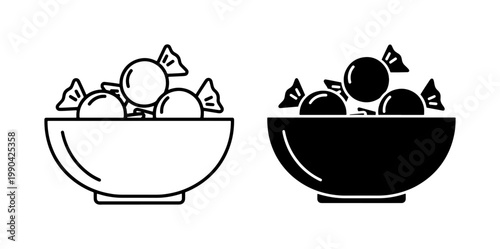 Bowl of Wrapped Candy Icons in Line and Silhouette Style
