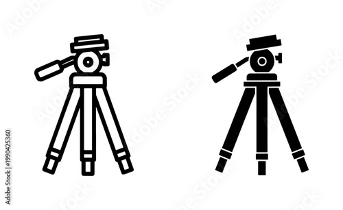 Camera tripod icon set with line and solid silhouette styles