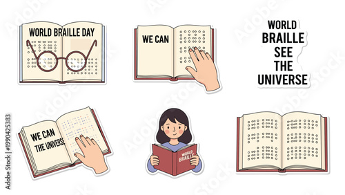 World Braille Day educational sticker set featuring hands reading braille books, vision glasses, and empowering quotes.