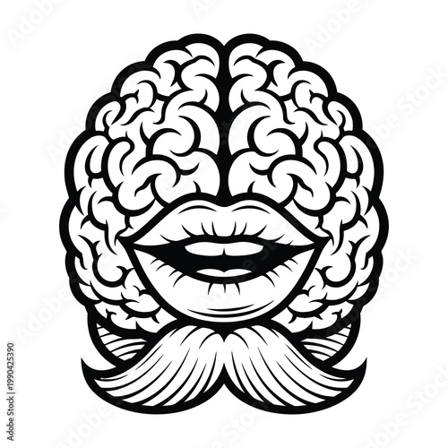 Brain with lips and mustache illustration