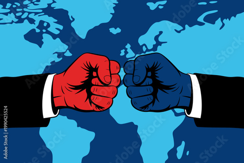 Two fists with Albania flags on world map background  global politics and conflict