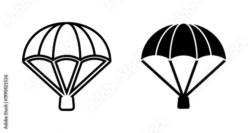 Parachute icon set with outline and solid black glyph styles
