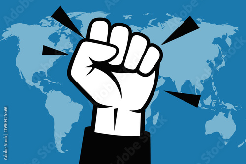 Stylized clenched fist with emanating lines superimposed on a world map background representing global unity and power