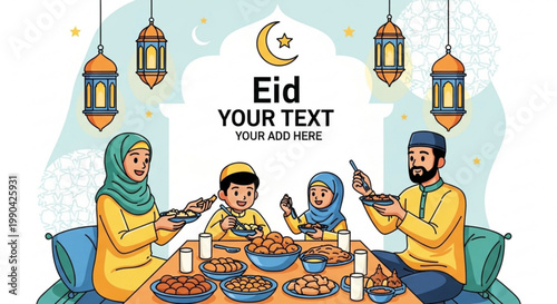 Muslim family celebrating Eid al-Fitr enjoying a festive meal together with traditional lanterns and crescent moon decoration for holiday greeti