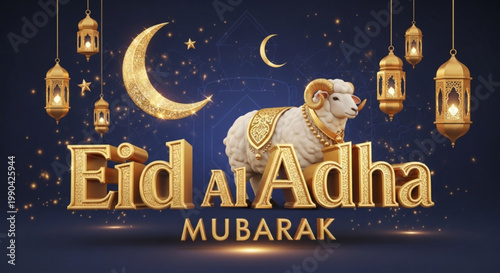 Eid Al Adha Mubarak greeting card golden crescent moon and sheep illustration with festive lanterns and stars Islamic holiday celebration concep