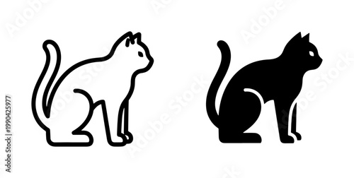 Minimalist Cat Sitting Outline and Solid Silhouette Icon Set