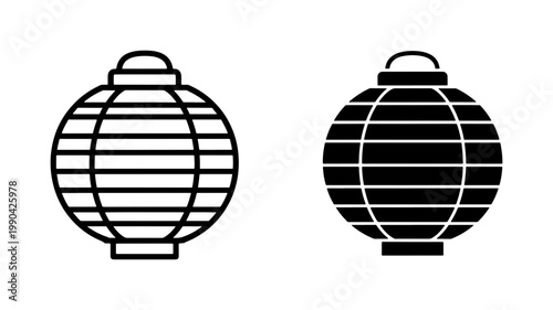 Chinese Paper Lantern Icon Set in Outline and Solid Style