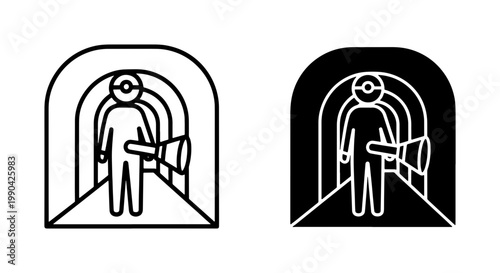 Explorer with Flashlight in Dark Tunnel Icon Set