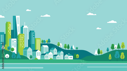 A vibrant, stylized cityscape blends with lush green hills and a tranquil river.