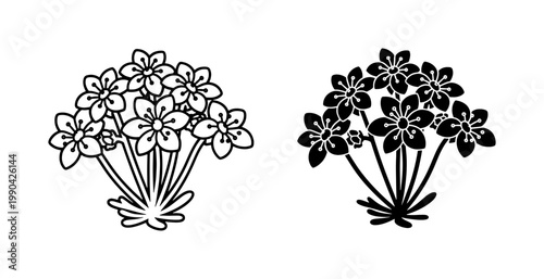 Forget Me Not Flower Bouquet Outline and Silhouette Icon Set