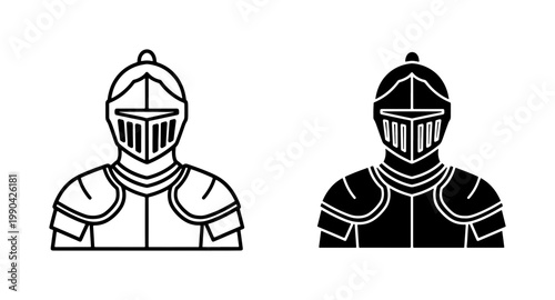 Medieval Knight Armor Icon Set in Line and Silhouette Style