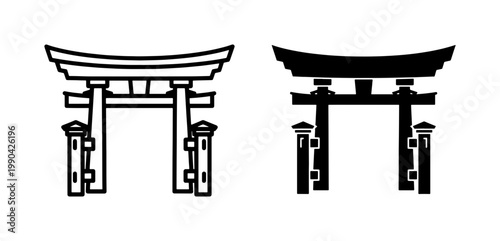 Japanese Torii Gate Silhouette and Outline Vector Set