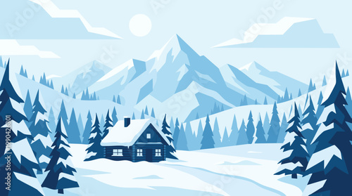 A cozy cabin nestled in a snowy mountain landscape under a bright moon.
