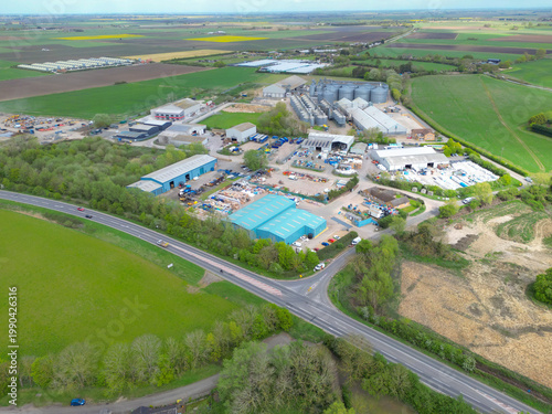 Fotografía Interesting drone UAV view of a typical British Industrial Estate seen in rural Britain