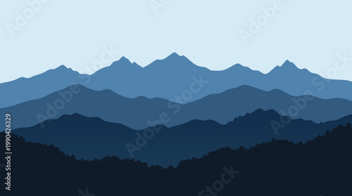 Layered mountain range illustration in shades of calming blue tones.
