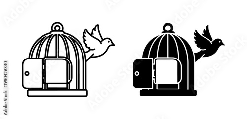 Bird flying out of open cage icon set