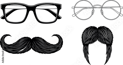 Set of glasses mustache and hairstyle elements hipster style accessories illustration