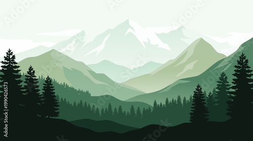 Serene layered mountain landscape with silhouetted evergreen trees.