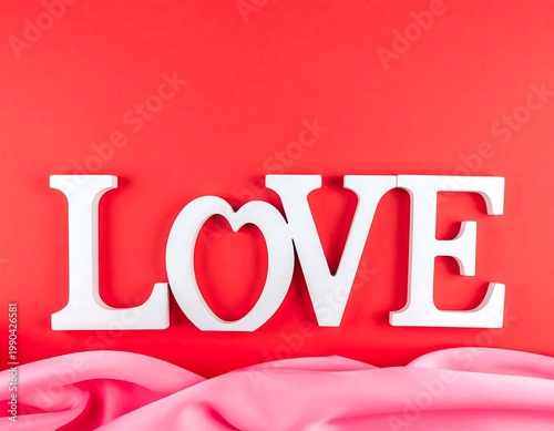 White Wooden Love Sign Heart Detail On Vibrant Red Background With Draped Pink Fabric Accents