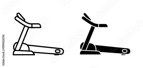 Treadmill line and solid silhouette icon set for fitness design