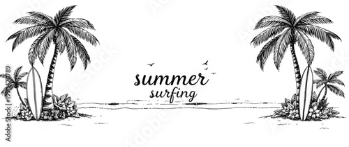 Photography Tropical beach banner with palm trees surfboards ocean waves and summer surfing