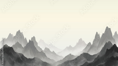 Serene landscape painting of misty mountains in a traditional style