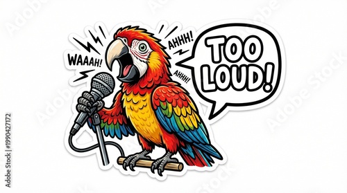 Colorful parrot singing into microphone and shouting 