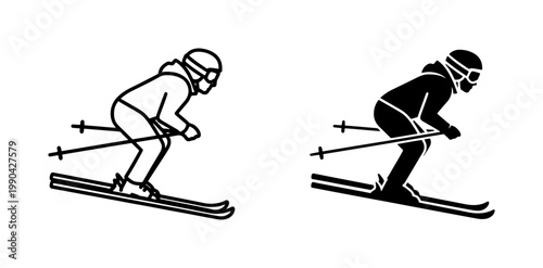 Skier Silhouette and Outline Vector Icon Set