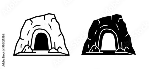 Cave entrance line and silhouette icon set
