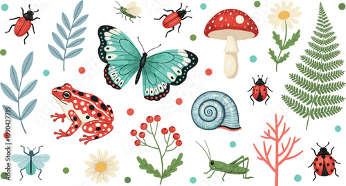 Nature Illustration Icon Set Featuring Butterflies, Frogs, Ladybugs, Mushrooms, Snails, and Plants for Garden and Outdoor Designs