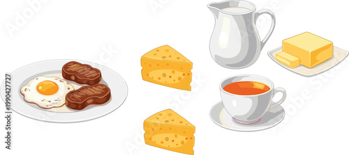 Breakfast food and dairy products vector illustration with eggs steak cheese butter milk jug and tea cup in cartoon style