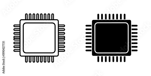 Computer Microchip Processor Outline and Solid Icon Set