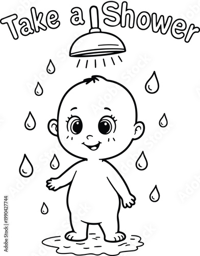 Kids Coloring Page A cartoon baby taking a shower with water droplets and a smiling face Line Art Illustration
