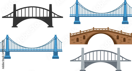 Bridge structures vector illustration set with suspension arch and stone bridges in different styles for transportation and architecture design