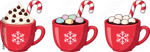 Set of red Christmas mugs with cocoa marshmallows candy canes festive winter drinks