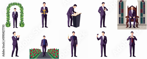 Flat Stylish Groom Illustrations in Various Poses and Wedding Ceremony Setup