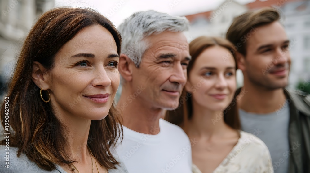 Fototapeta premium Three adults share a moment of connection and genuine smiles while enjoying an outing in an urban environment