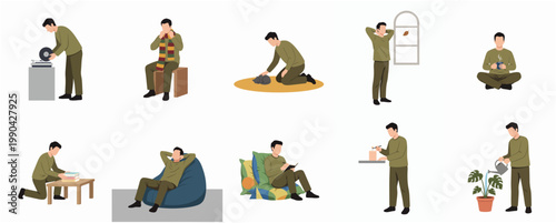 Flat Illustration of Man Doing Hobbies and Activities at Home Lifestyle