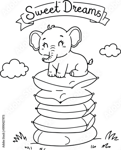 Kids Coloring Page A cute elephant sitting on a stack of pillows with a sweet dreams banner Line Art Illustration