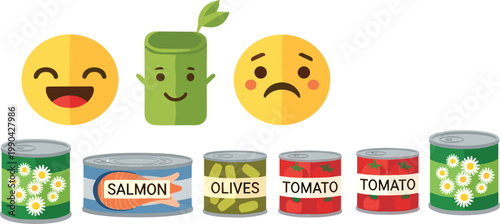 Canned food collection vector illustration with vegetables fish and emoji expressions in colorful cartoon style packaging design set