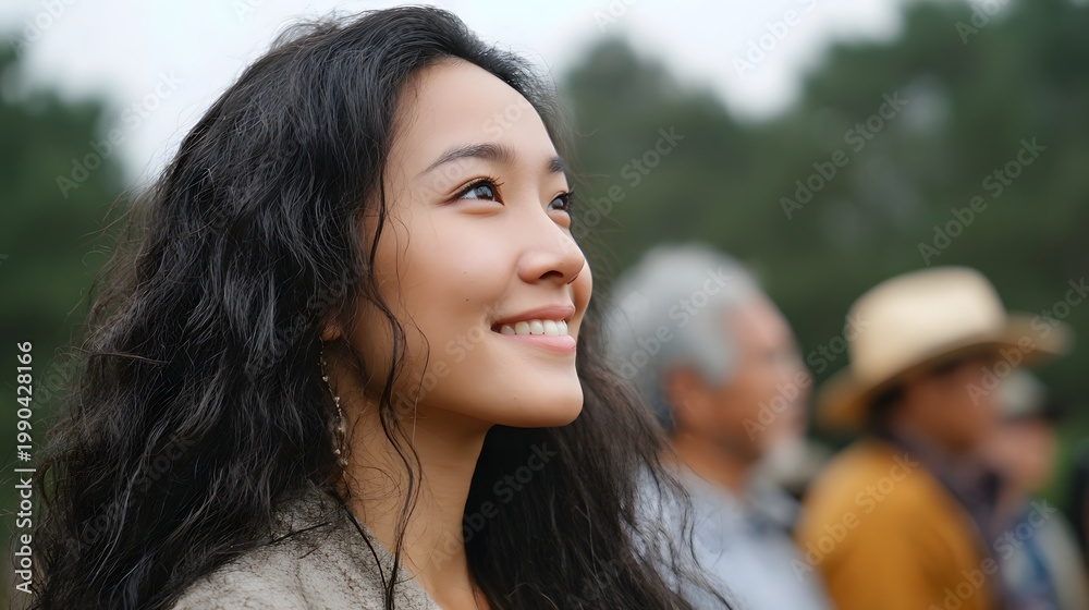 Fototapeta premium A smiling young woman viewed in profile at an outdoor gathering suggesting joy and connection with family and friends