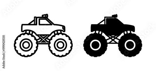 Monster Truck Outline and Silhouette Vector Icon Set